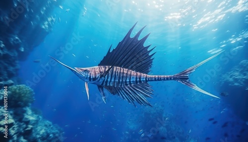 Ikan marlin besar di lautan biru, pemandangan hewan lautan yang memukau photo
