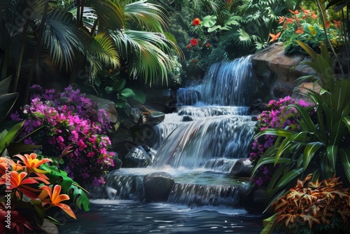 A painting depicting a cascading waterfall amid lush tropical vegetation in a garden setting  A cascading waterfall surrounded by tropical plants and vibrant blooms