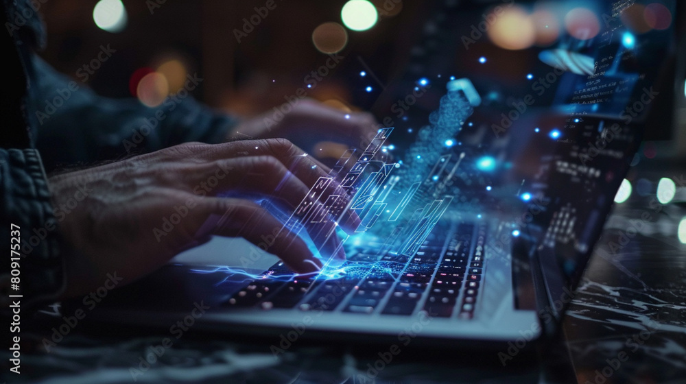 A man works at a computer. Information Technology. Internet of Things. A man works at a computer. Information Technology. Internet of Things.