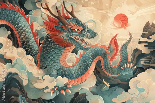 Chinese art style creative design harnesses the power of dragons in renewable energy projects, symbolizing strength and sustainability in an illustration template