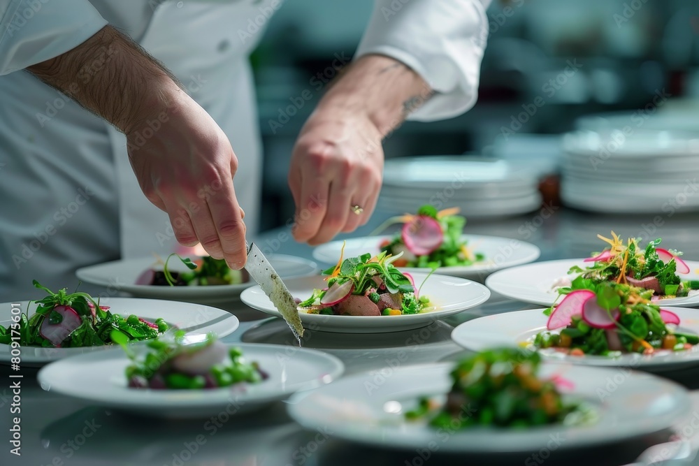 A chef in a commercial kitchen is creating a dish, focusing on ingredients and cooking techniques, A celebration of culinary creativity