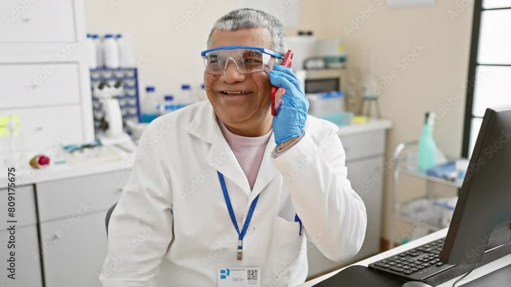 Smiling man in lab coat speaking on phone in a laboratory setting. Smiling man in lab coat speaking on phone in a laboratory setting.