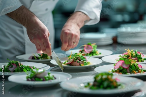 A chef in a commercial kitchen is creating a dish, focusing on ingredients and cooking techniques, A celebration of culinary creativity