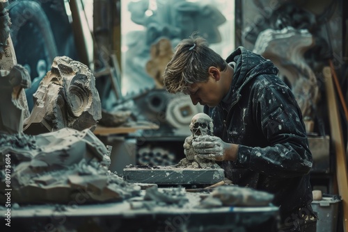 Wallpaper Mural A man meticulously working on a sculpture in a busy studio setting, A celebration of hard work and dedication Torontodigital.ca