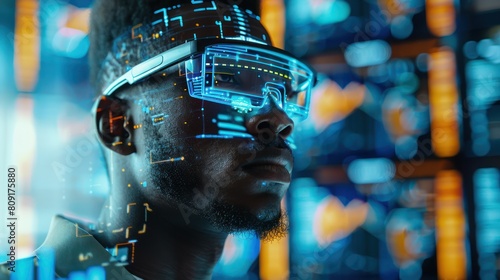 A black man wearing futuristic glasses with a blue and orange background.