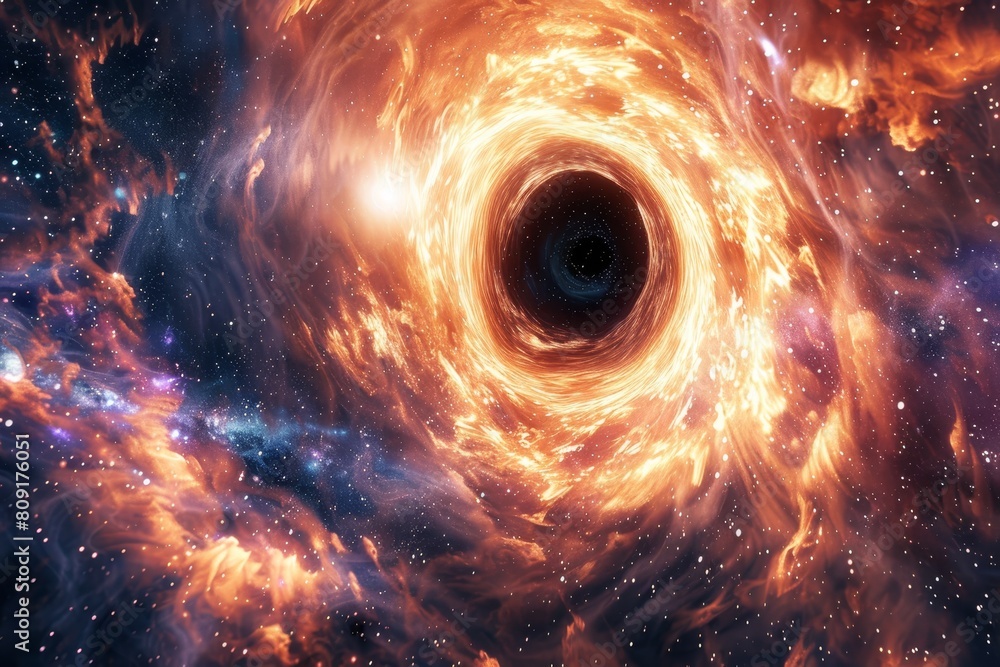 A massive black hole at the core of a galaxy, exhibiting extreme gravitational pull and distorting surrounding stars, A celestial phenomenon like a supernova or black hole A massive black hole at the core of a galaxy, exhibiting extreme gravitational pull and distorting surrounding stars, A celestial phenomenon like a supernova or black hole