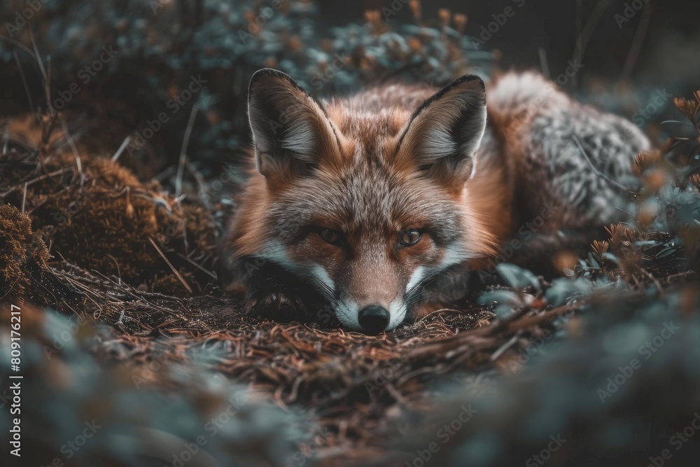 Obraz premium Cunning fox resting in forest undergrowth