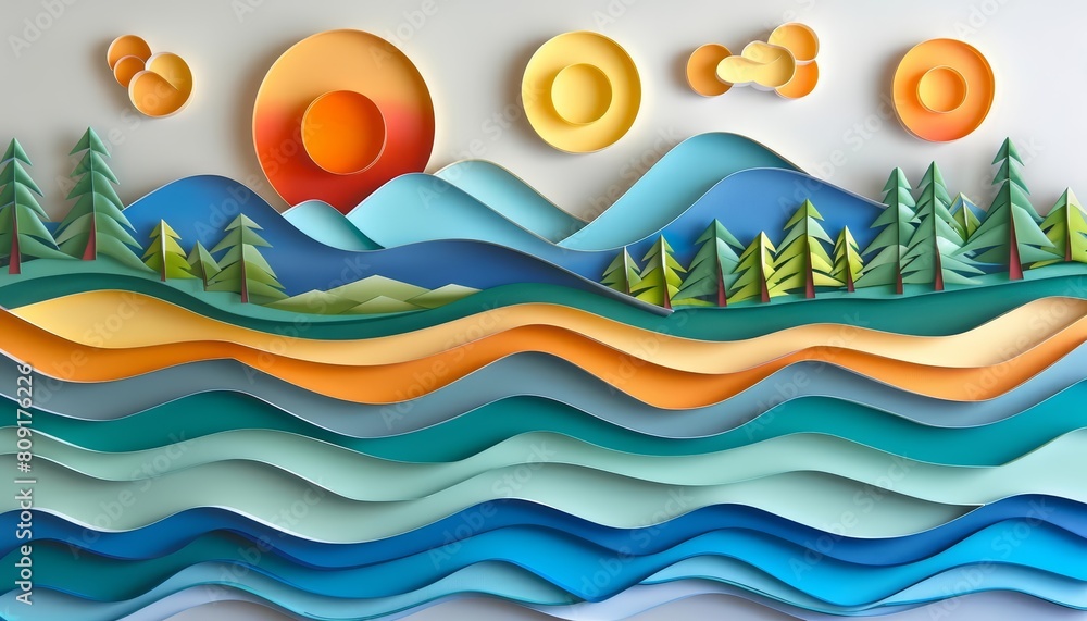 Creative colorful landscape of a serene estuary, portrayed in paper art styles, where artistry meets the natural beauty of transitional waters
