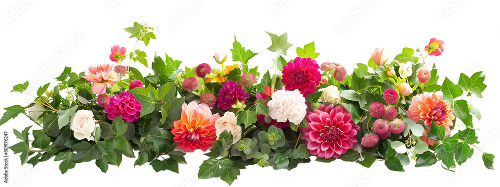A table centerpiece with hydrangeas, dahlias, and ranunculus surrounded by ivy, isolated on transparent background