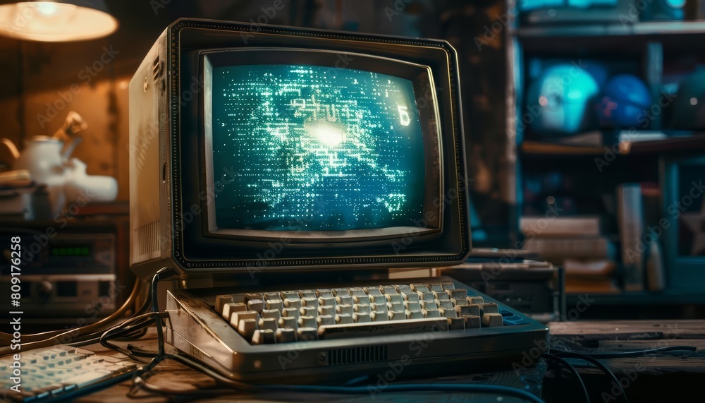 Fototapeta premium Creative fantastic of a computer that ages with its user in vintage styles, futuristic sharpen for banner