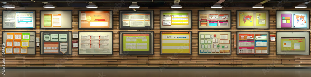 HR Manager's Wall: Featuring organizational charts, employee training schedules, and a board with job postings HR Manager's Wall: Featuring organizational charts, employee training schedules, and a board with job postings