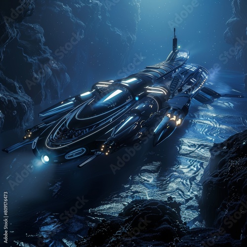 Futuristic spacecraft exploring alien underwater world