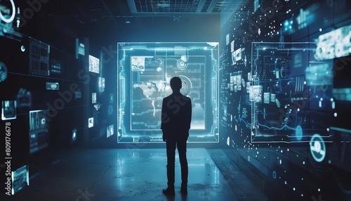 Creative strange concept pictures of business using interactive holograms in futuristic style, sharpen cinematic with copy space