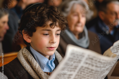 A Jewish family celebrates a Bar Mitzvah. Celebrating a bar mitzvah in the city synagogue. A young man performs a festive bar mitzvah ceremony.  photo