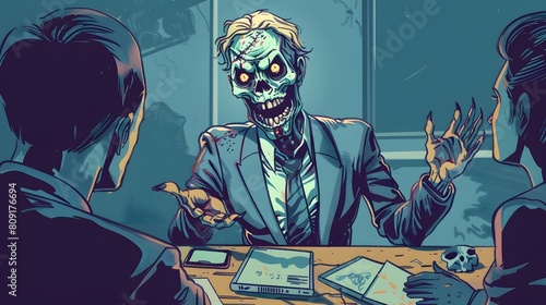 Zombie company employee giving a presentation in a conference room