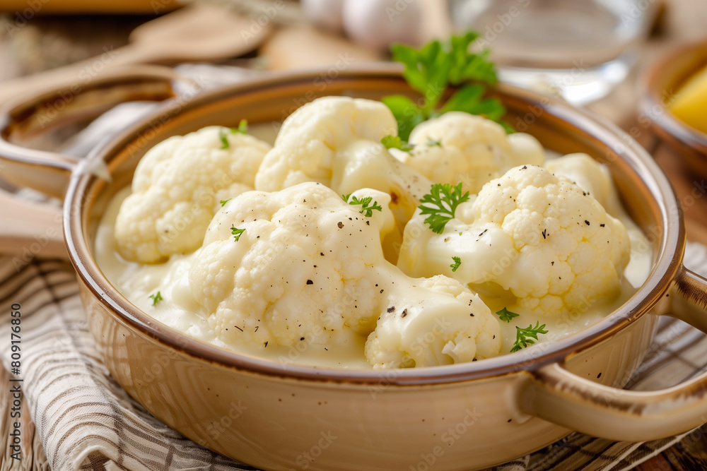 Casserole with cauliflower, eggs and cheese in a ceramic pot. Cauliflower gratin. Casserole with cauliflower, eggs and cheese in a ceramic pot. Cauliflower gratin.