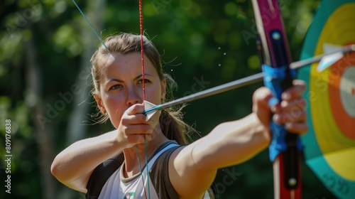 White woman practicing archery sport, person is focused and enjoying the sport, sports photography, generative ai