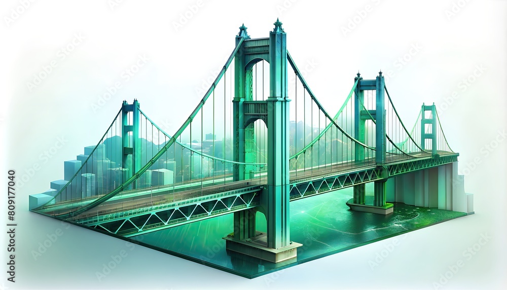 Fototapeta premium digitally 3d rendered green suspension bridge with city buildings in background on white backdrop
