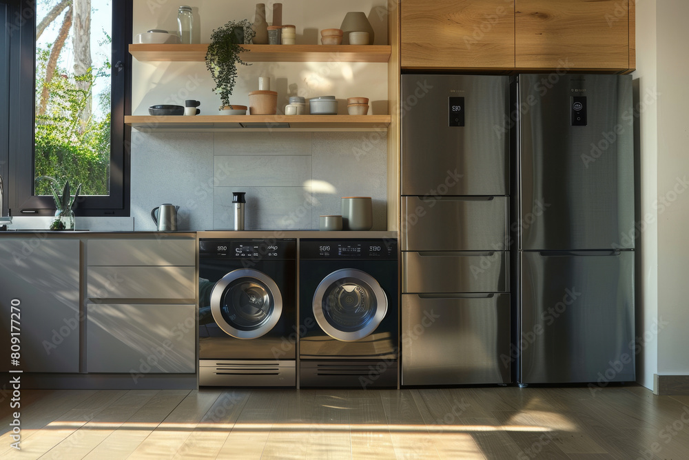 A kitchen with a washer and dryer and a refrigerator