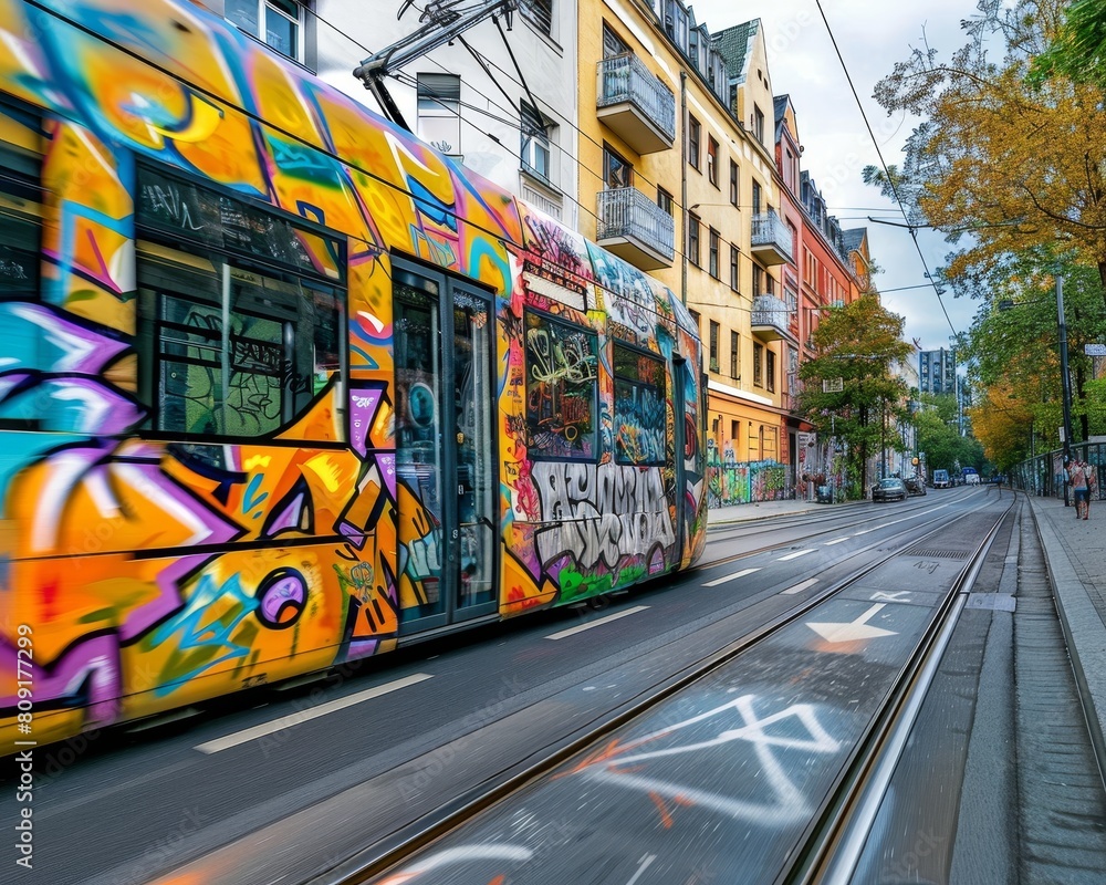 Obraz premium Vibrant graffiti-covered tram in a city street