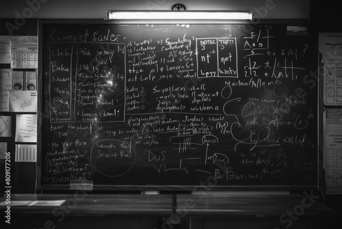 A blackboard covered in chalk dust showcasing a multitude of elegant cursive writing, A chalk dust-covered blackboard with elegant cursive handwriting and mathematical equations photo