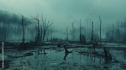 A dark and eerie swamp with dead trees and a murky green water photo