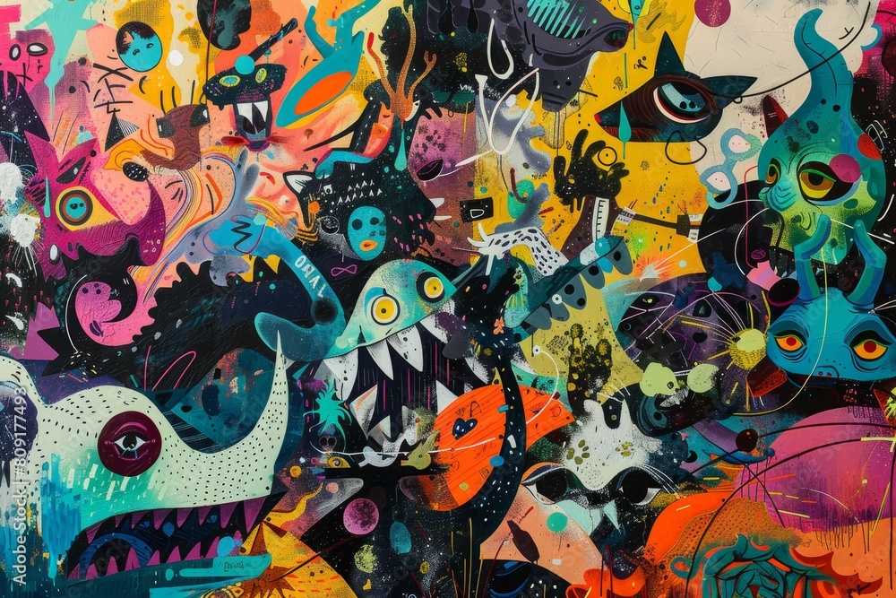 A vibrant painting featuring a variety of animals in an energetic and chaotic composition, A chaotic and energetic composition showcasing the frenzy of a wild party