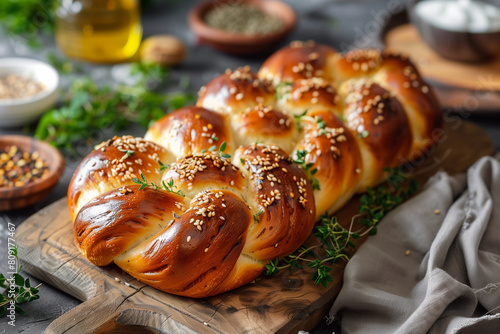 Challah -  special bread in Jewish cuisine. Decorated  with sesame and poppy seeds. Jewish food. Israel pastry. photo