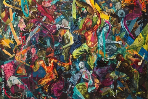 A dynamic and busy painting filled with a variety of vivid colors and intricate shapes  A chaotic and energetic composition showcasing the frenzy of a wild party