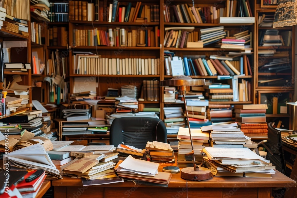 Chaotic home office filled with numerous books and a cluttered desk covered in papers, A chaotic home office with piles of books and papers Chaotic home office filled with numerous books and a cluttered desk covered in papers, A chaotic home office with piles of books and papers