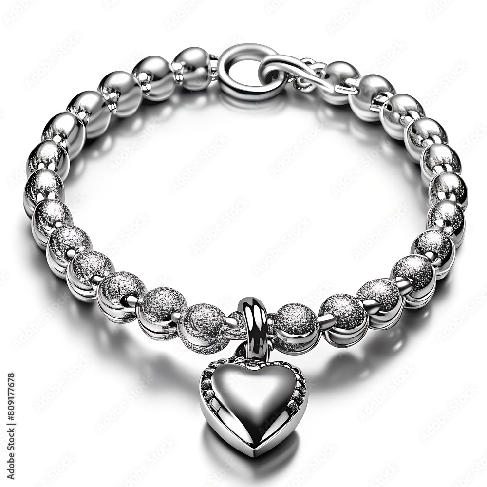silver bracelet with heart shaped pendant isolated on white background silver bracelet with heart shaped pendant isolated on white background