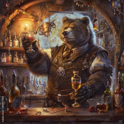 Steampunk bear bartender in a rustic tavern