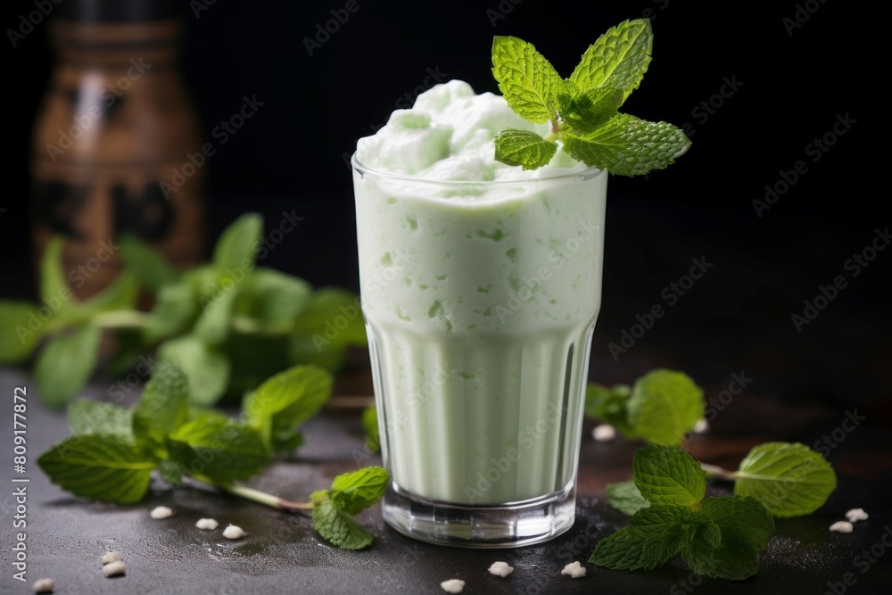 Creamy mint milkshake garnished with fresh mint leaves and whipped cream on a dark background Creamy mint milkshake garnished with fresh mint leaves and whipped cream on a dark background