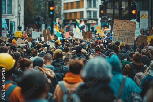 A crowd of people marching down a street, holding banners and signs, A chaotic protest march with banners and signs waving above the crowd