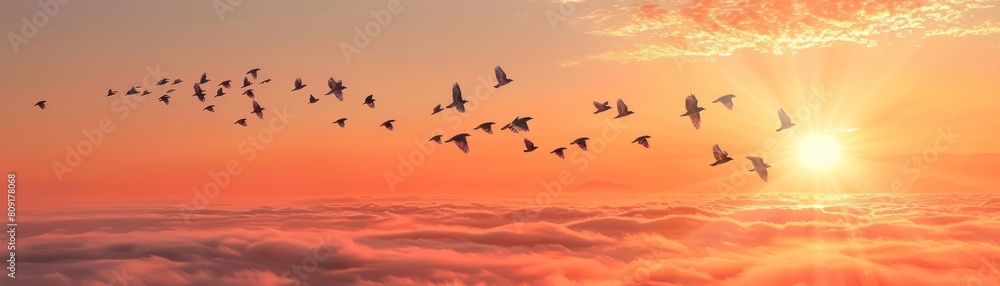 A flock of birds is flying in the sky above the clouds at sunset.