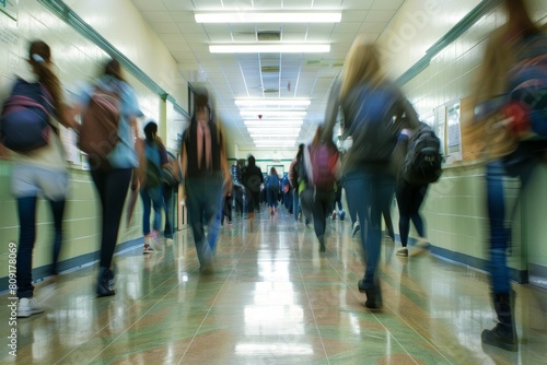 Students rushing through crowded school hallway, A chaotic school hallway filled with students rushing to their next class