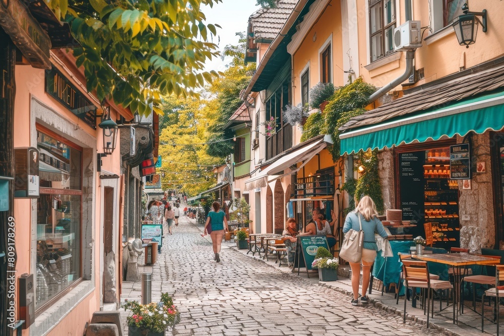 Fototapeta premium A woman strolling along a cobblestone street in a quaint European town, A charming cobblestone street in a European town with a family browsing quaint shops and enjoying gelato