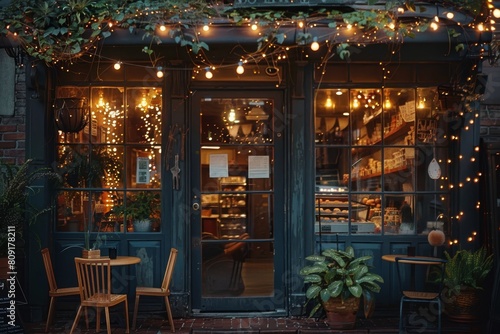 A building decorated with numerous lights hanging from its windows  creating a charming and festive atmosphere  A charming cafe with twinkling lights and a menu filled with sweet treats