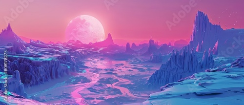 Futuristic landscape view of a sprawling glacier, crafted in cyberpunk 80 s color, visualizing the icy expanse with a vibrant, retrofuturistic palette