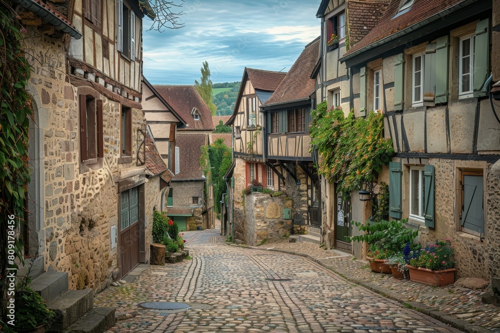 A cobblestone street winding through an old European village with historic buildings and traditional architecture, A charming European village with cobblestone streets and historic architecture