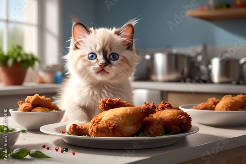 cute Ragdoll kitten looking at fried chicken in a plate © Peredniankina