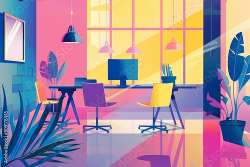 Futuristic Pop art style of an innovative startup office, sparking creativity in minimal styles, banner template sharpen with copy space © JK_kyoto