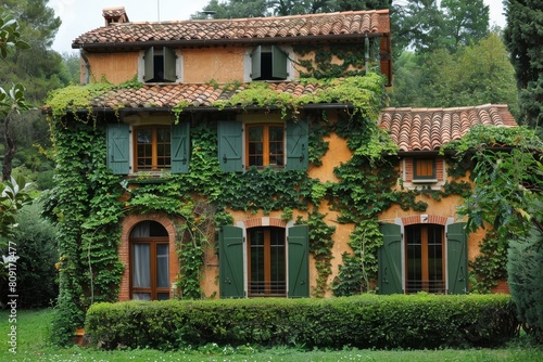 A European villa with ivy climbing on its walls and a terracotta roof  A charming European villa with a terracotta roof and ivy-covered walls
