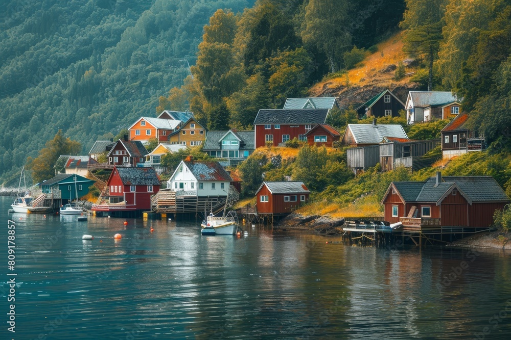 Naklejka premium Many boats floating on the water in a charming fishing village, A charming fishing village nestled along the shoreline