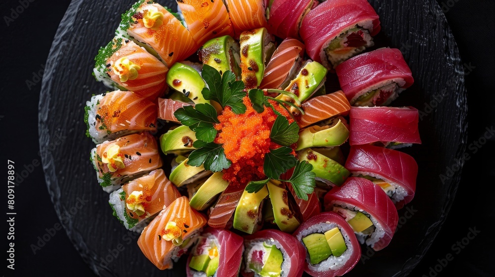 Assorted sushi and sashimi platter with fresh ingredients Assorted sushi and sashimi platter with fresh ingredients