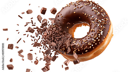 A flying donut with chocolate and sprinkles isolated on a transparent background photo