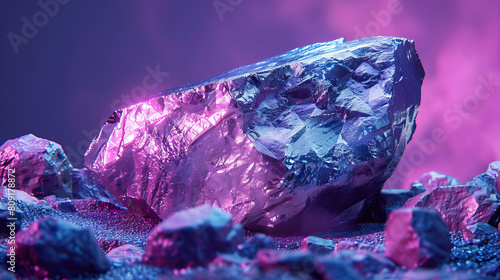 Studio macro very close-up shot, product photography, Iridium precious metal rock. Isolated against purple background. Bright, studio lighting. Very modern, contemporary, current style