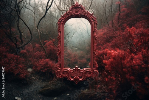 An ornate vintage mirror stands alone amidst a foggy  crimson-tinted woodland