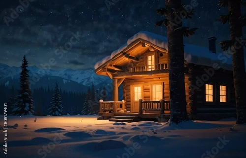 Solitary snowbound log cabin with smoking chimney and lighted window among fir forest high in snowy alpine mountains at snowfall winter night. 3D animation in cinemagraph style rendered in 4K photo