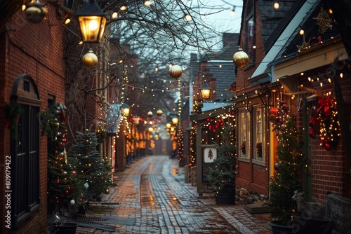 Festive cobblestone street twinkling with Christmas lights creating a warm ambiance, A charming street lined with classic holiday decorations and glowing Christmas lights